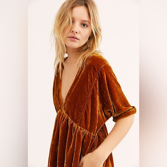 Free People Ivy Velvet Mini Dress Golden Mustard Size Large NWT - Picture 2 of 7